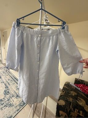 Passport Light Blue & White Striped Off-Shoulder shirtdress